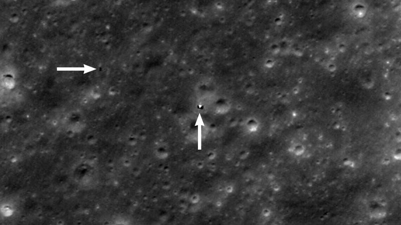 The bright object at center is Chang’e lander and the dark object indicated at left is the Yutu 2 rover. This image was taken by LROC on June 3, 2019.